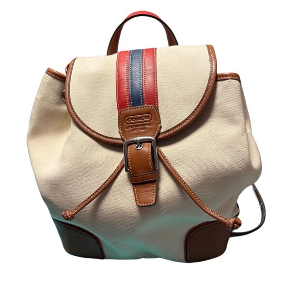 Coach Vtg Beige Canvas Backpack w Blue, Brown, & Red Leather Accents - Picture 1 of 9